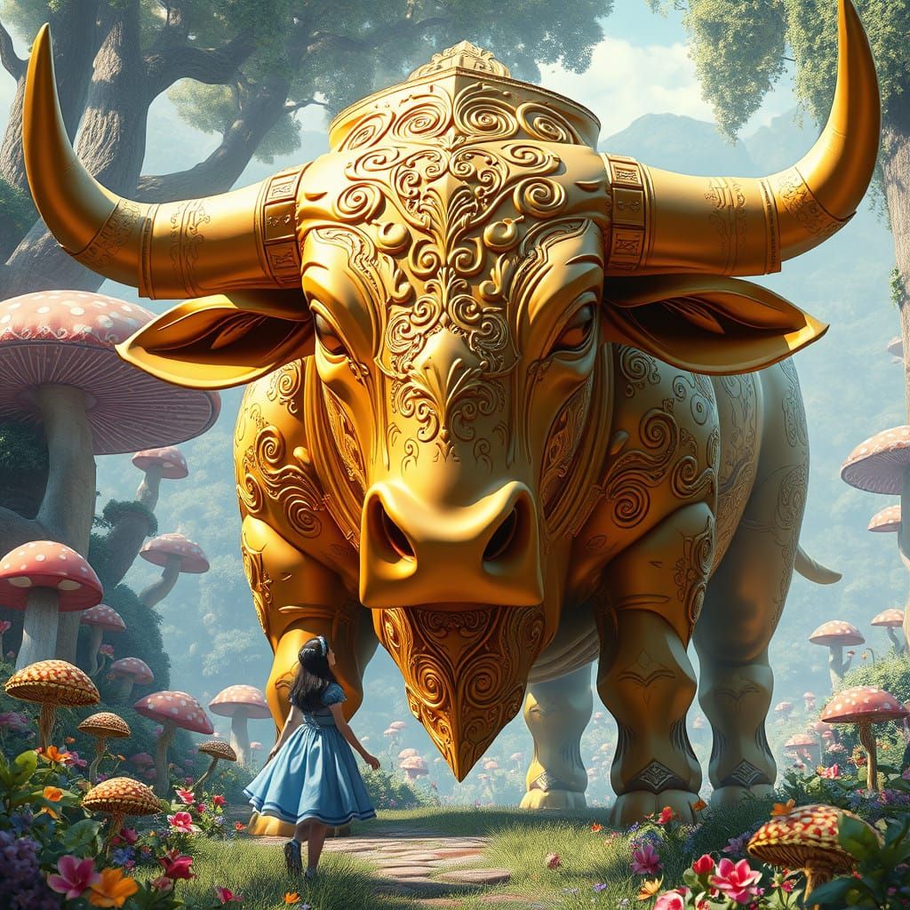 Whimsical Wonderland Goddess with Majestic Golden Bull
