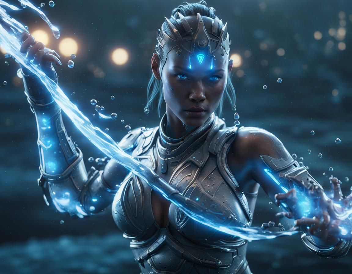 Bioluminescent Cyborg Water Bender in 3D Game Style