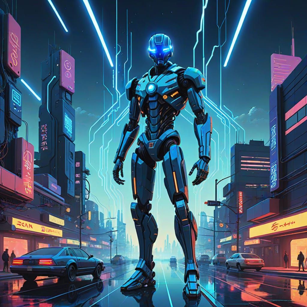 Cybernetic Humanoid Transforms in a Futuristic Scene