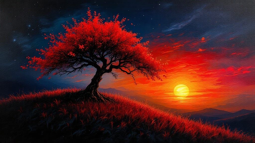 Twisted Tree Silhouetted Against Sunset in Impasto Oil Paint...