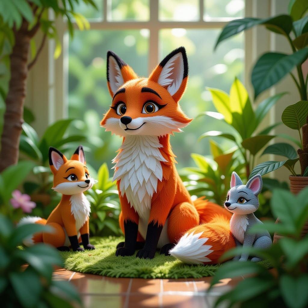 Intricate Fabric Portrait of Fox and Friends in a Tropical A...