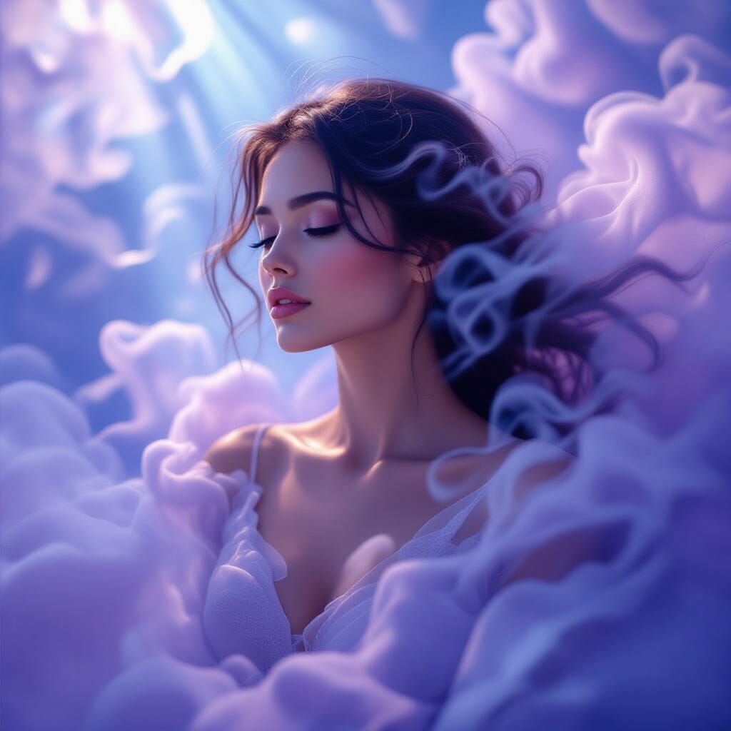 Ethereal Woman in Flowing Vapor with Light Rays
