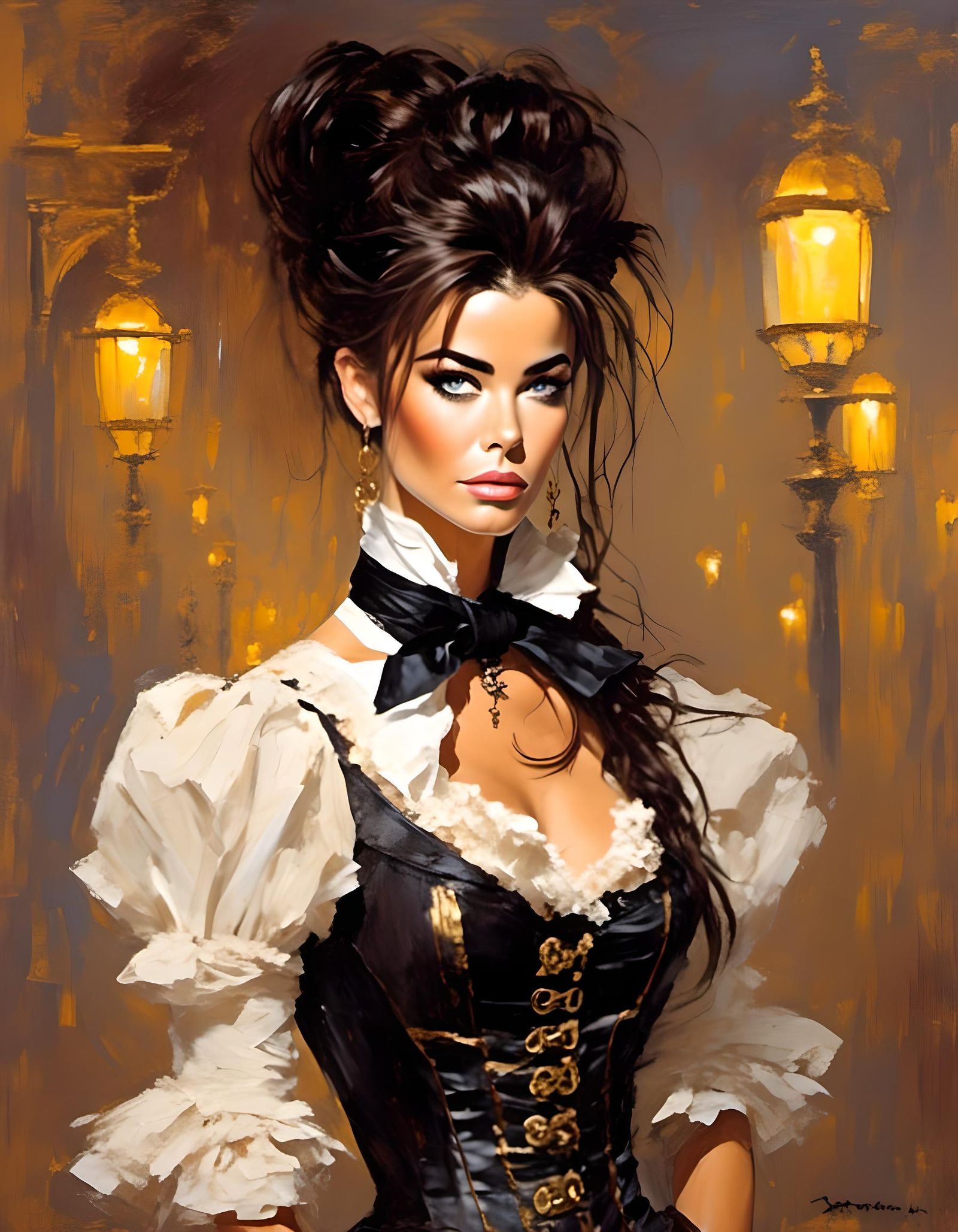 Steampunk Brunette Portrait with Corset and Bouffant