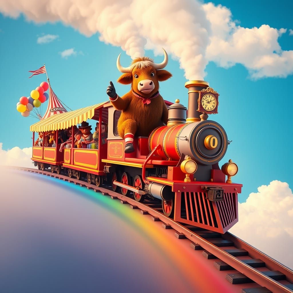 Majestic Highland Cow Conductor Leads Rainbow Circus Train T...