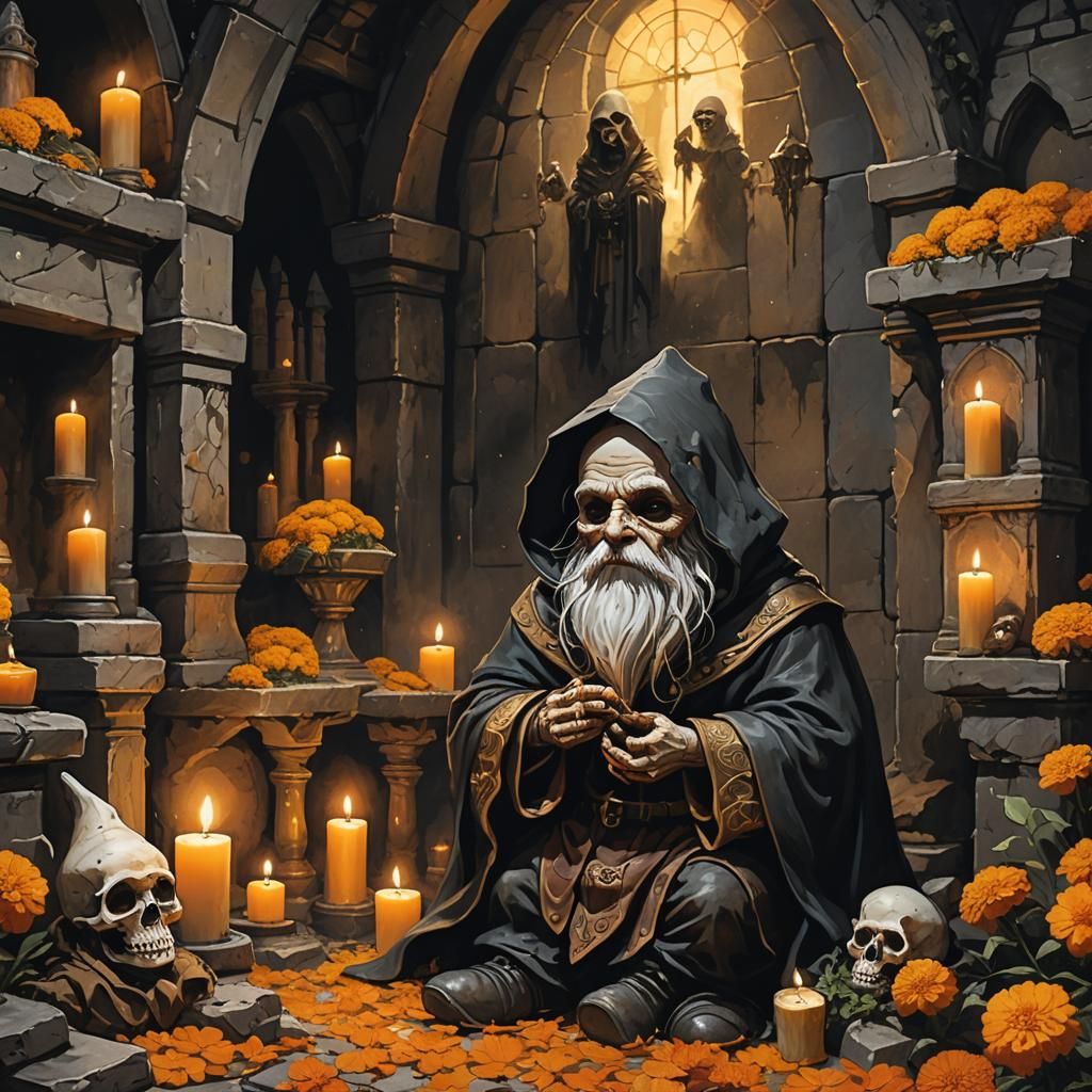 Pale Gnome at Altar in Dark Folklore Illustration