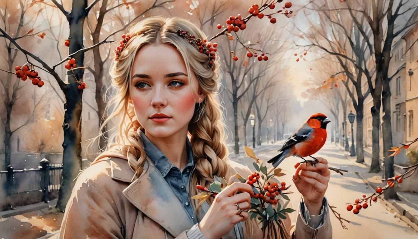 Whimsical Watercolor Portrait of Woman with Bullfinch