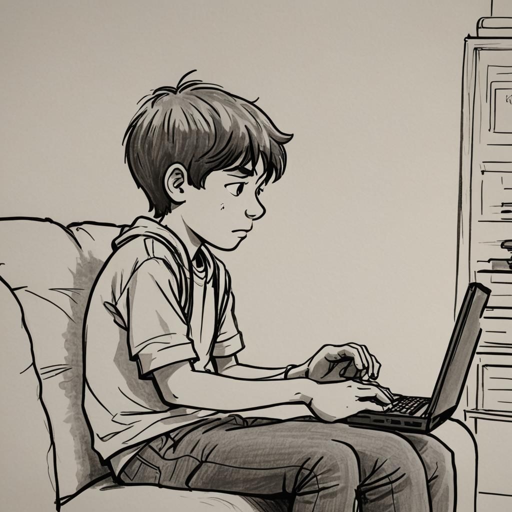 Boy Playing Video Game in Wimpy Kid Style