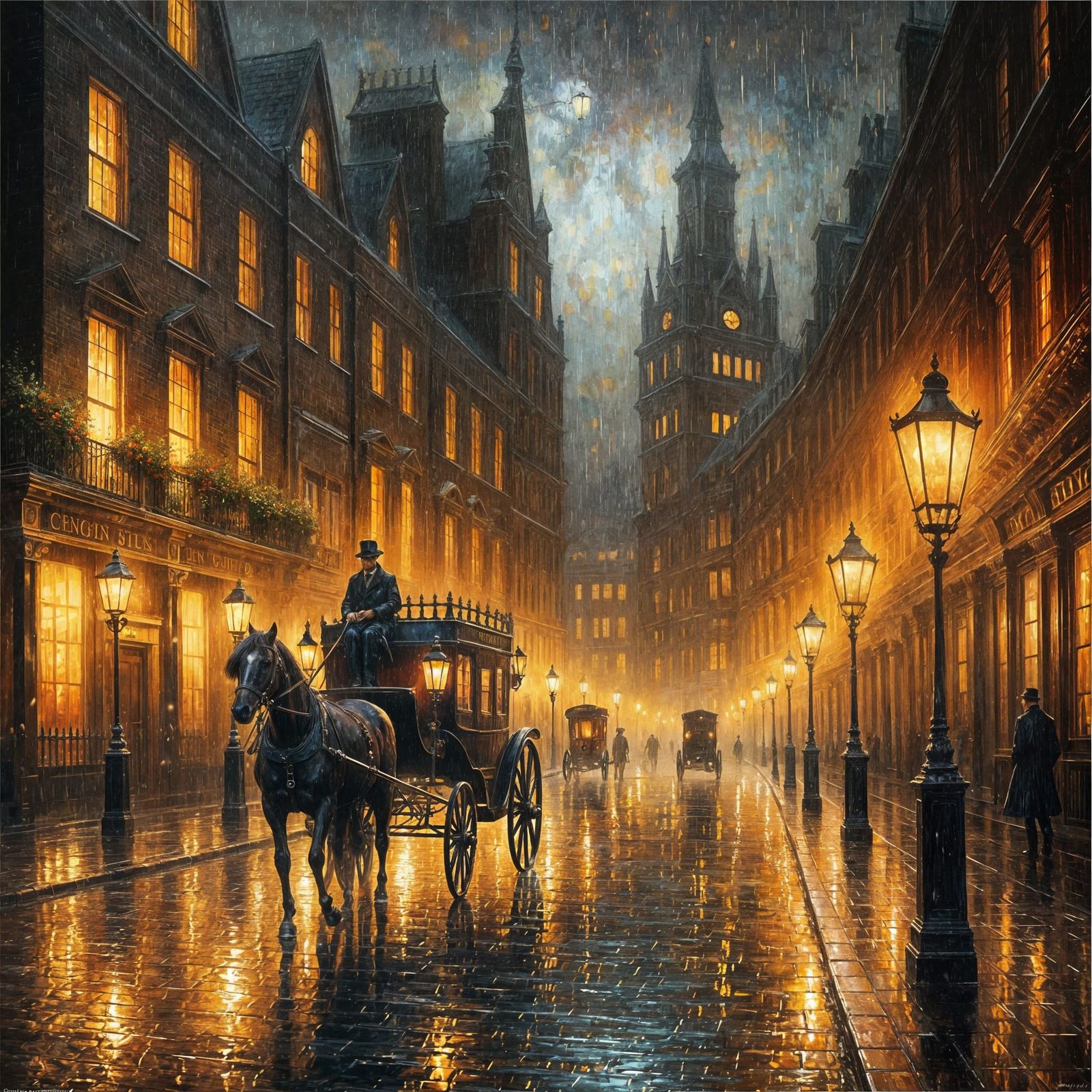 Rainy Victorian London Street at Night in Impressionist Styl...