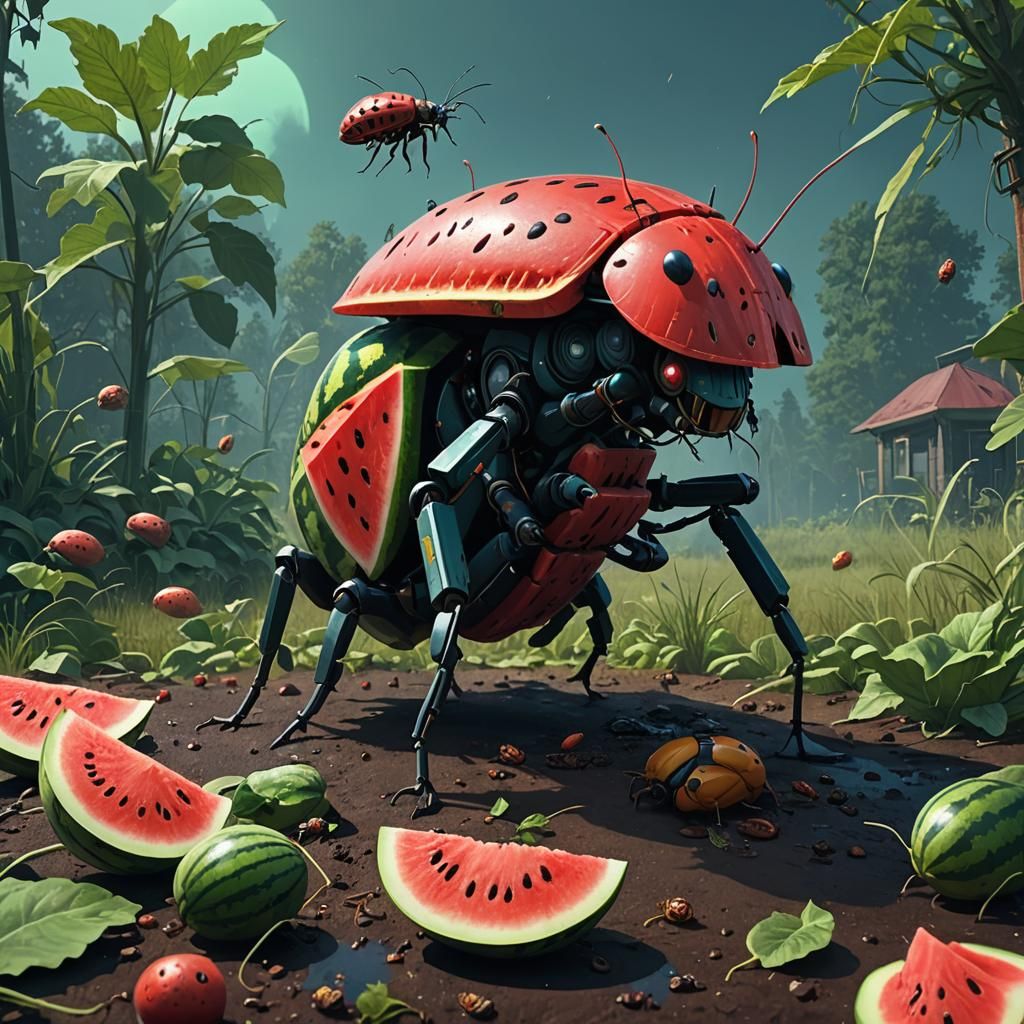 Robot Eating Watermelon in Apocalyptic Landscape