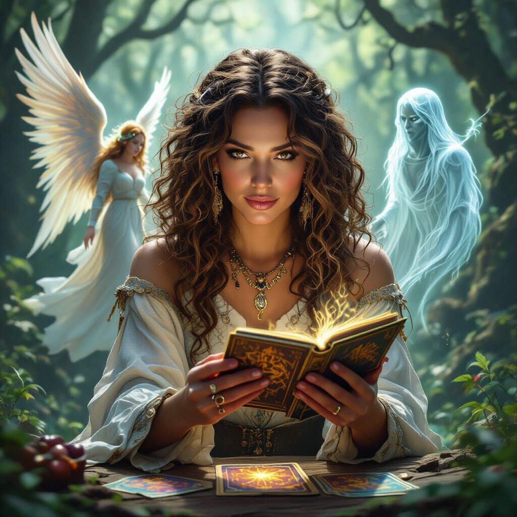 White Witch Reading Tarot With Angel and Spirit Guide in For...
