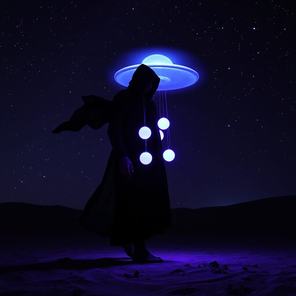 Figure Merging with Glowing Orbs in Sci-Fi Landscape