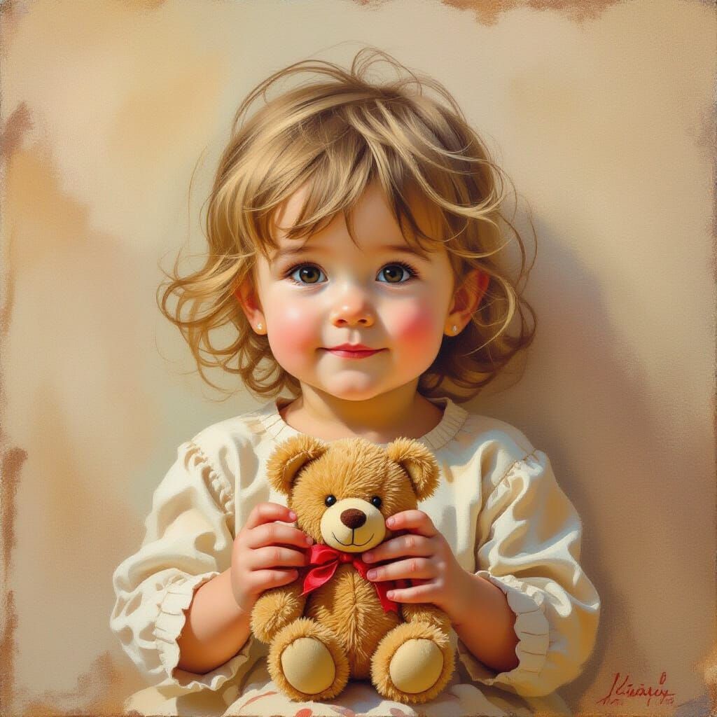 Cute Child Holding Toy in Impressionistic Oil Painting