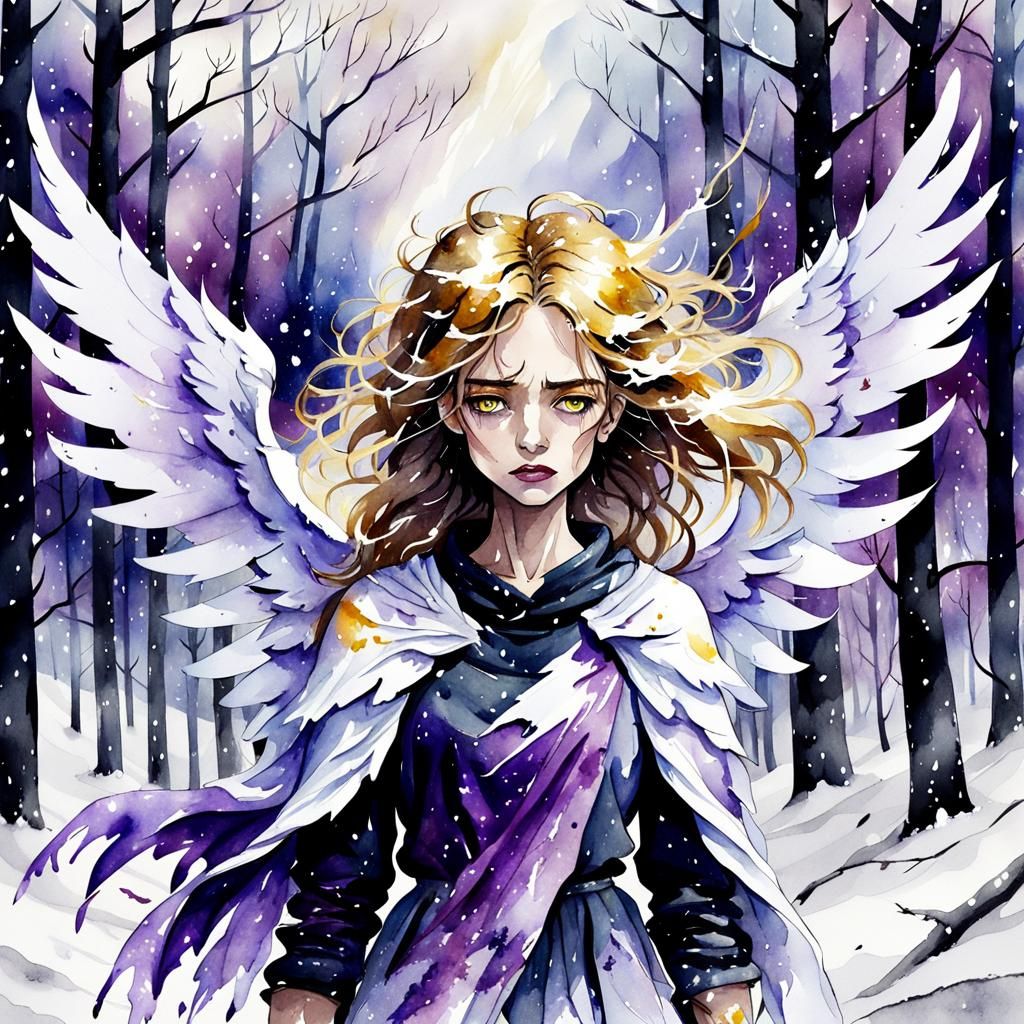 Melancholic Angel in Snowy Forest Watercolor