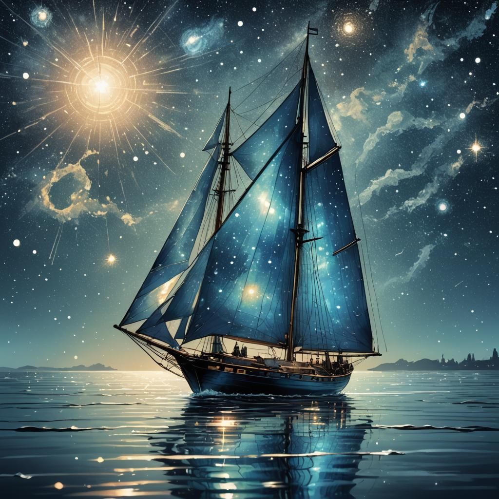 Iridescent Sailing Boat Illustration in Dark Romantic Style
