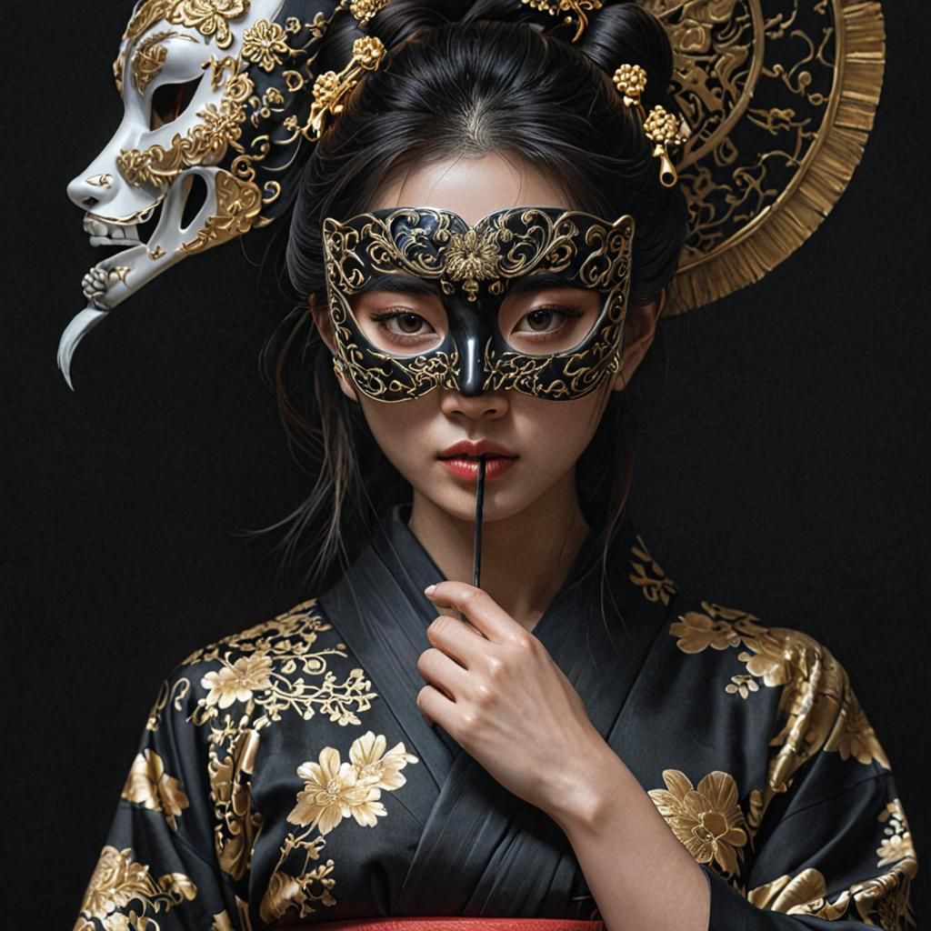 Geisha with Yokai Mask in Dark Fantasy Style
