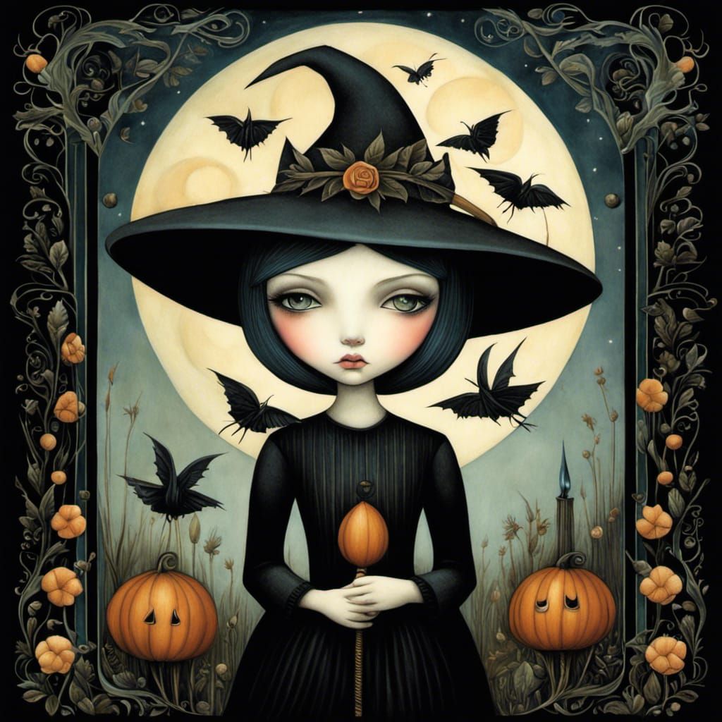 Pouty Witch Girl in Art Brut Style