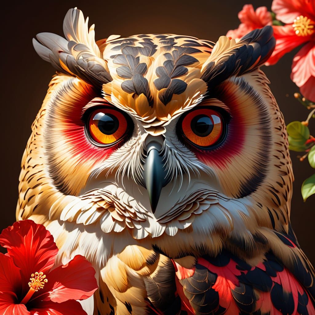 Hibiscowl - a hybrid of an owl and a hibiscus flower - a mix of an animal and plant, half flower, half animal; 
Nestled ...