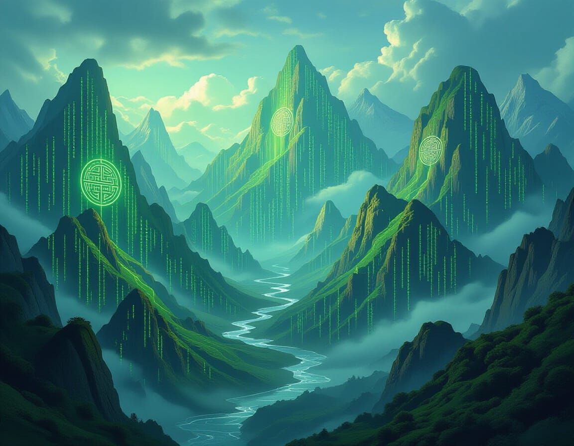 Epic Fantasy Landscape of Digital Code Mountains