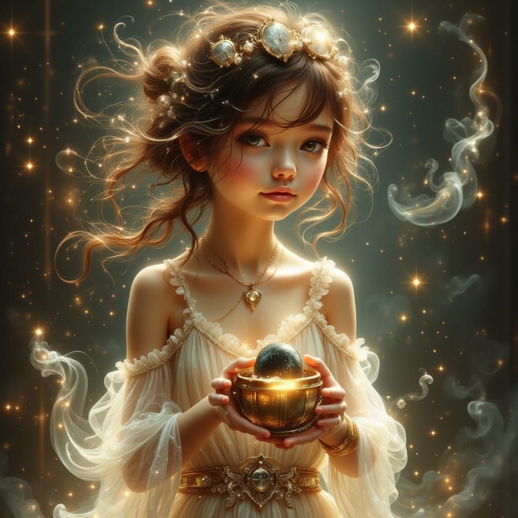 Girl with Compass and Stone in Dreamy Art Style