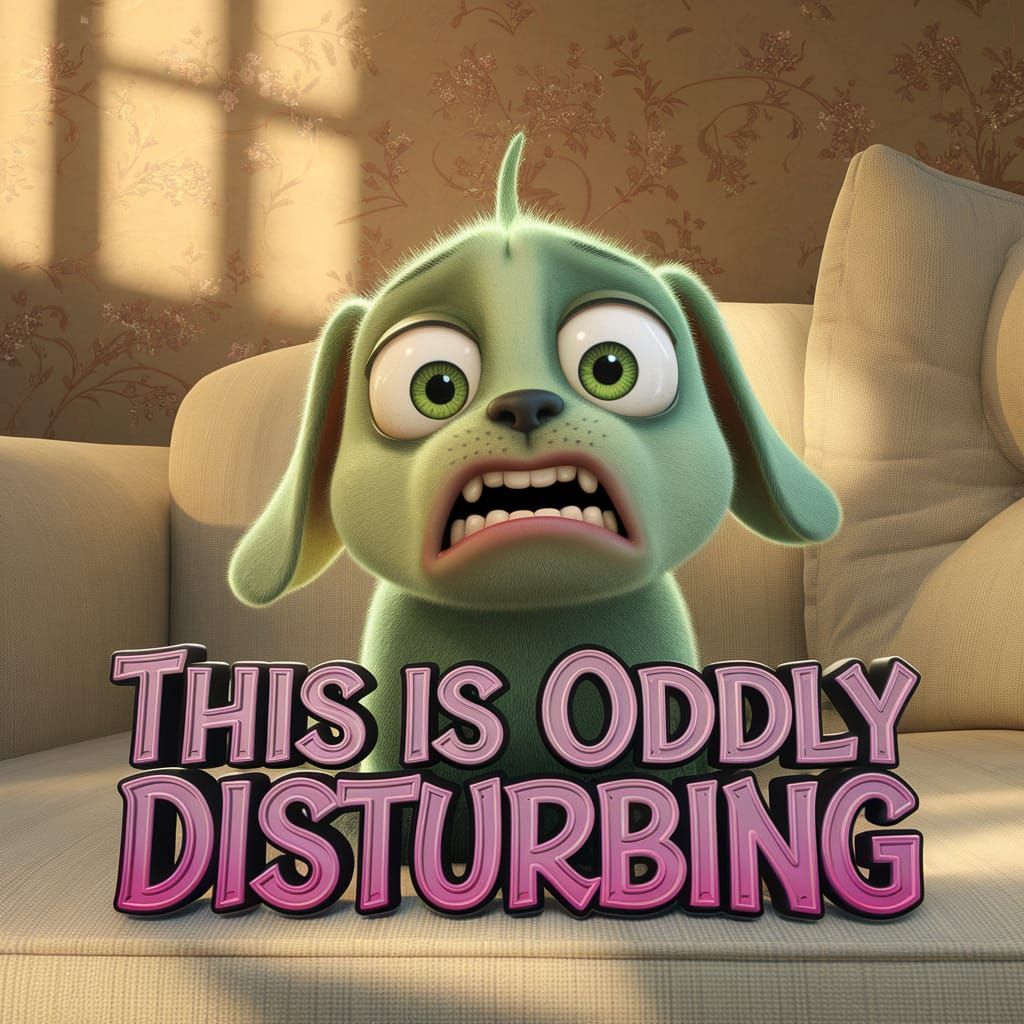 In a cozy living room setting bathed in warm, inviting light, a peculiar, green Pixar-style cartoon puppy sits with a wi...