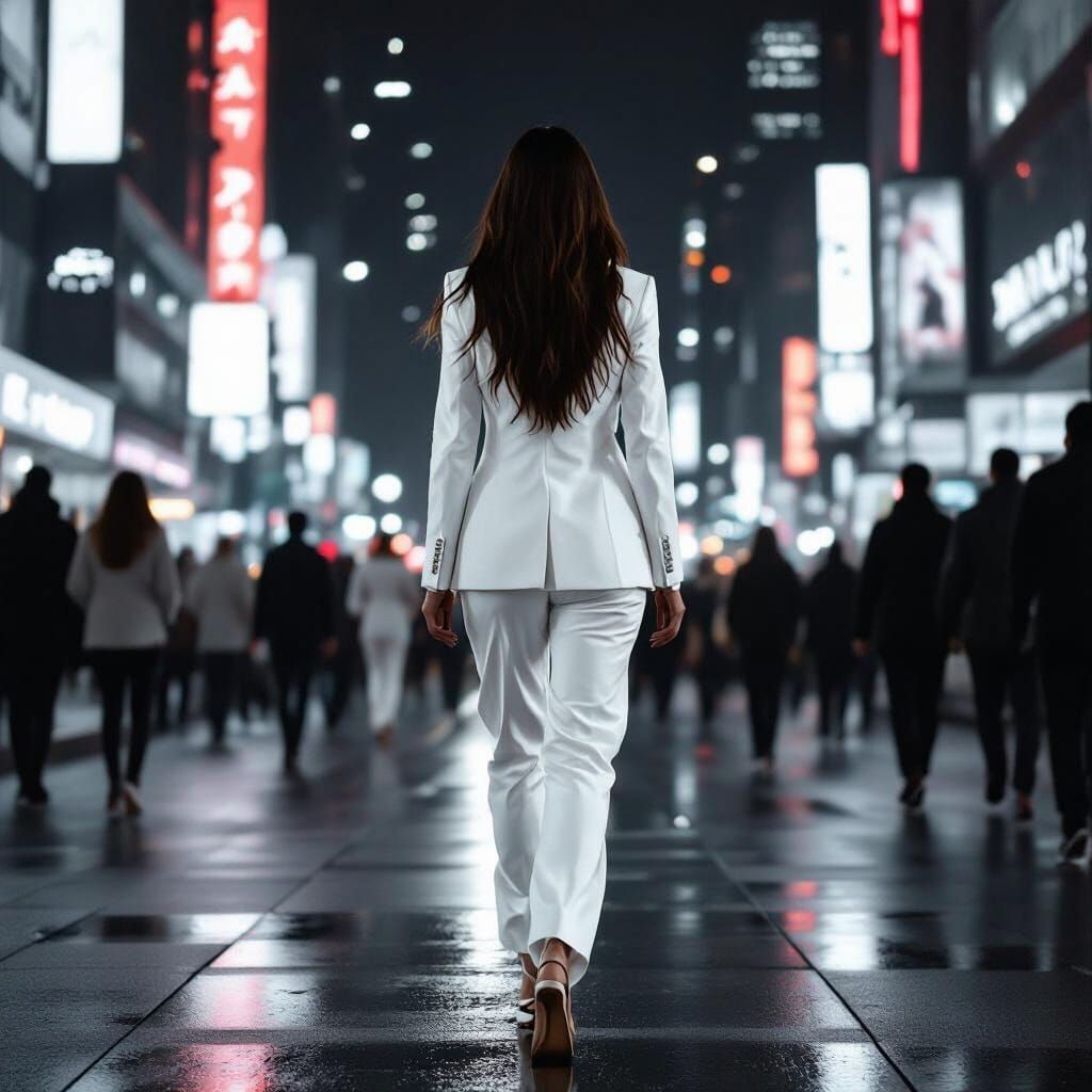 Woman in White Suit Walks Cityscape at Night