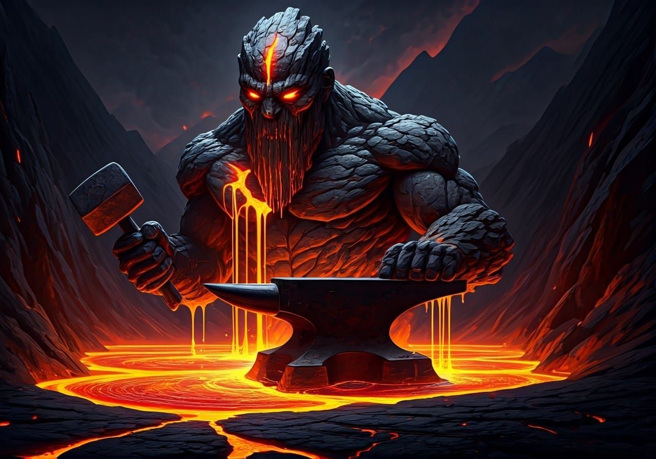 Lava Deity Blacksmith Forging Sword in Volcano