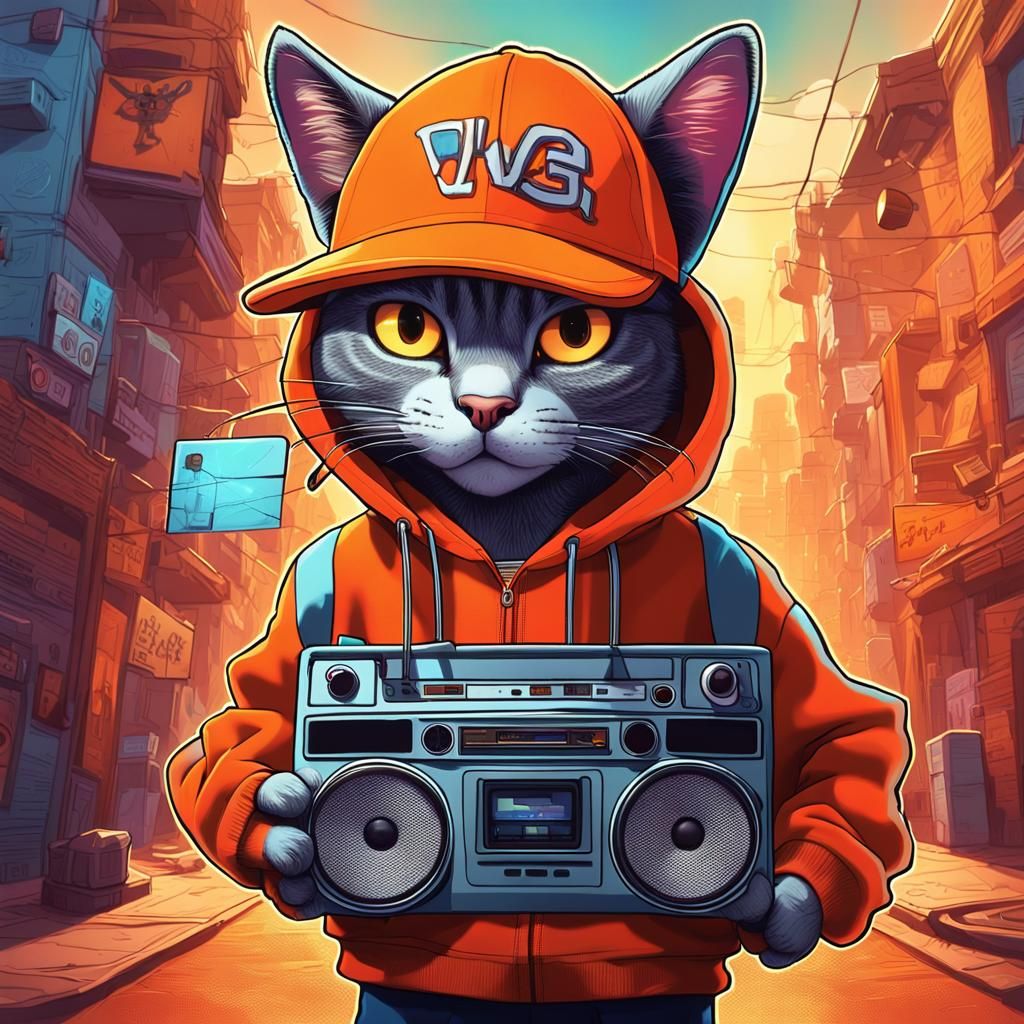 Hip Hop Cat with Ghetto Blaster: Pixar-Style 3D Render