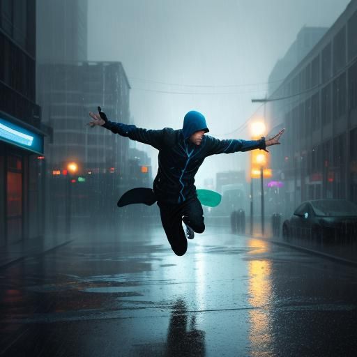 Parkour Athlete Leaping in Rainy Cityscape