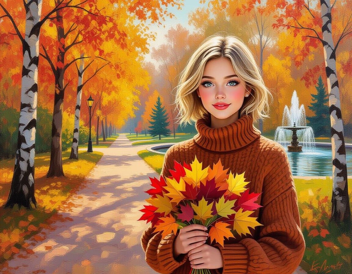 Autumn Park Scene With Girl Holding Maple Leaves, Impression...