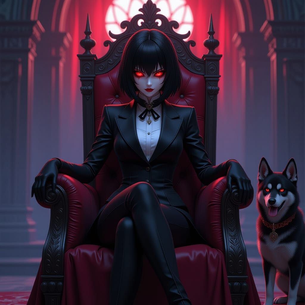 Scary Anime Vampire Queen and Monster Dog on Throne