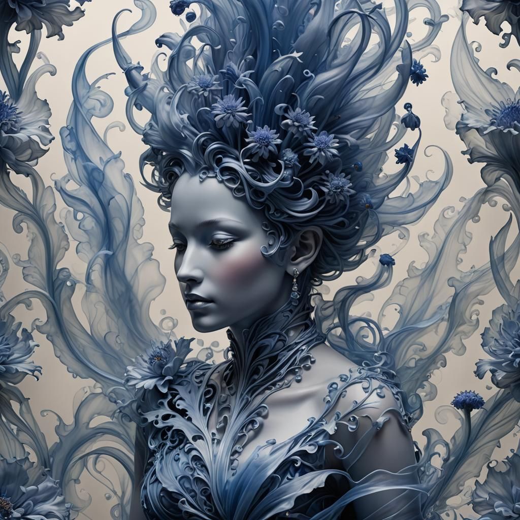 Opalescent Cornflower Genie in Smoke Art Style