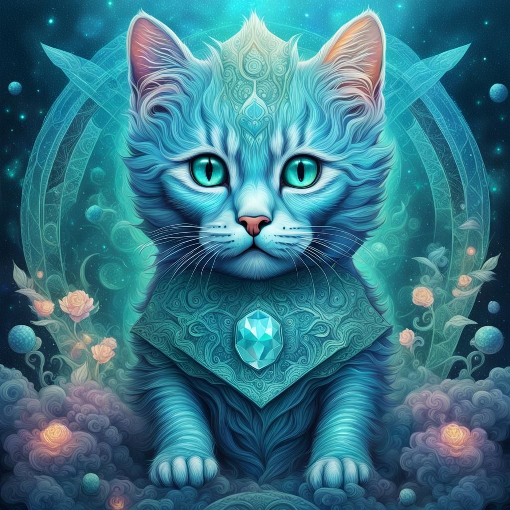 Aquamarine Kitten: Holographic Cosmic Illustration
