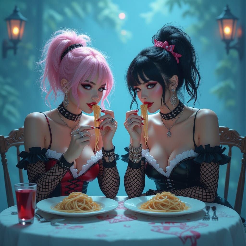 Punk Girls Enjoy Spaghetti Date in Ethereal Misty Setting