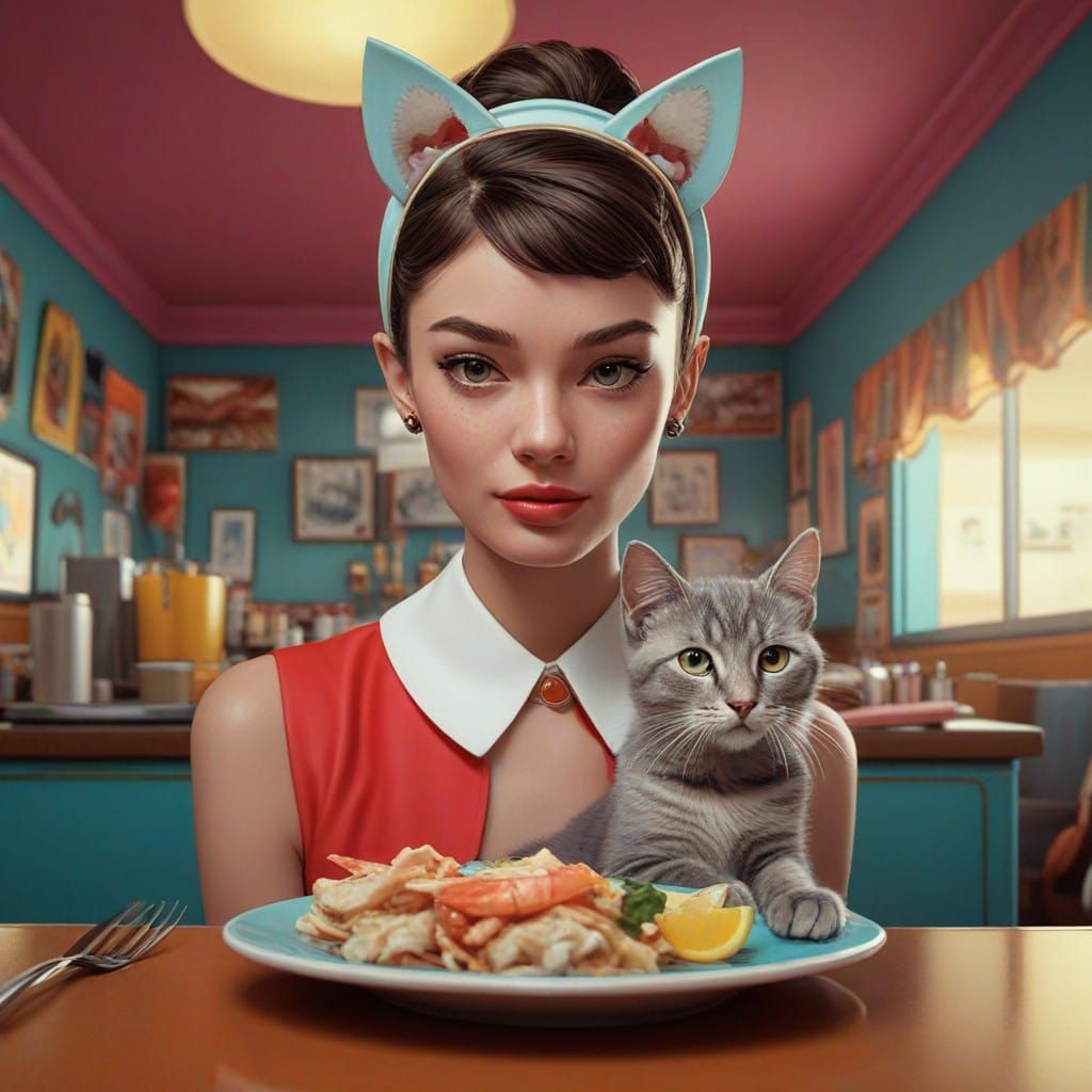 Pop Art Portrait of Elegant Diner Scene with Crabfish Dish