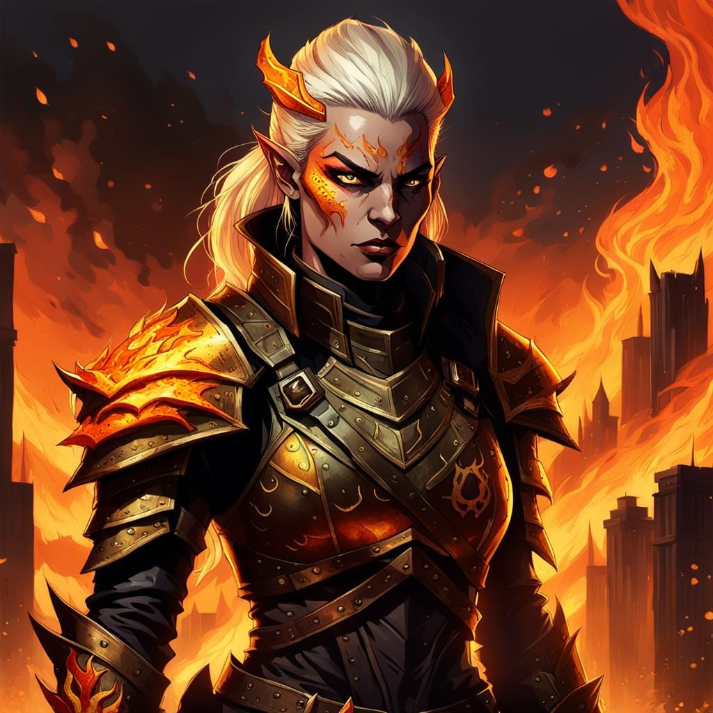 Half-Orc Lieutenant in Burning Cityscape Concept Art