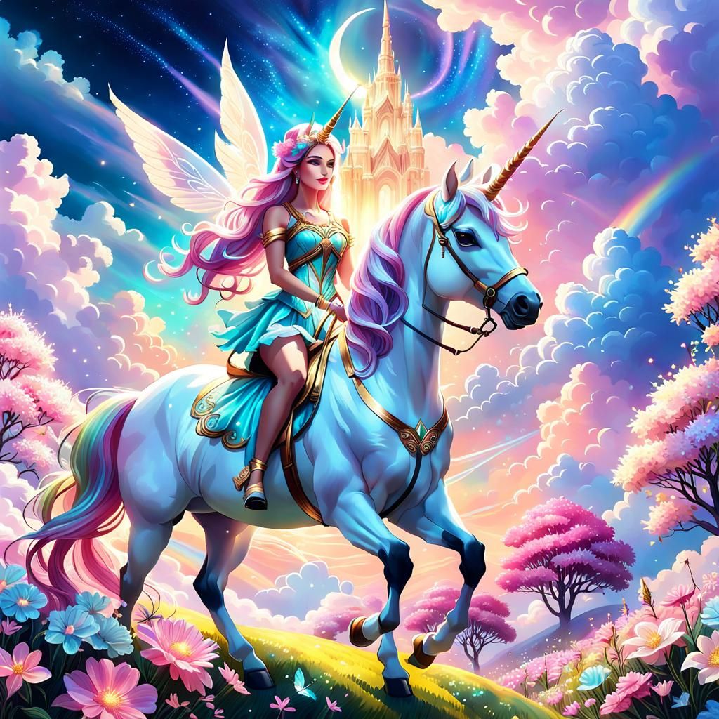 Goddess, Unicorn, and Fairies in Dreamscape