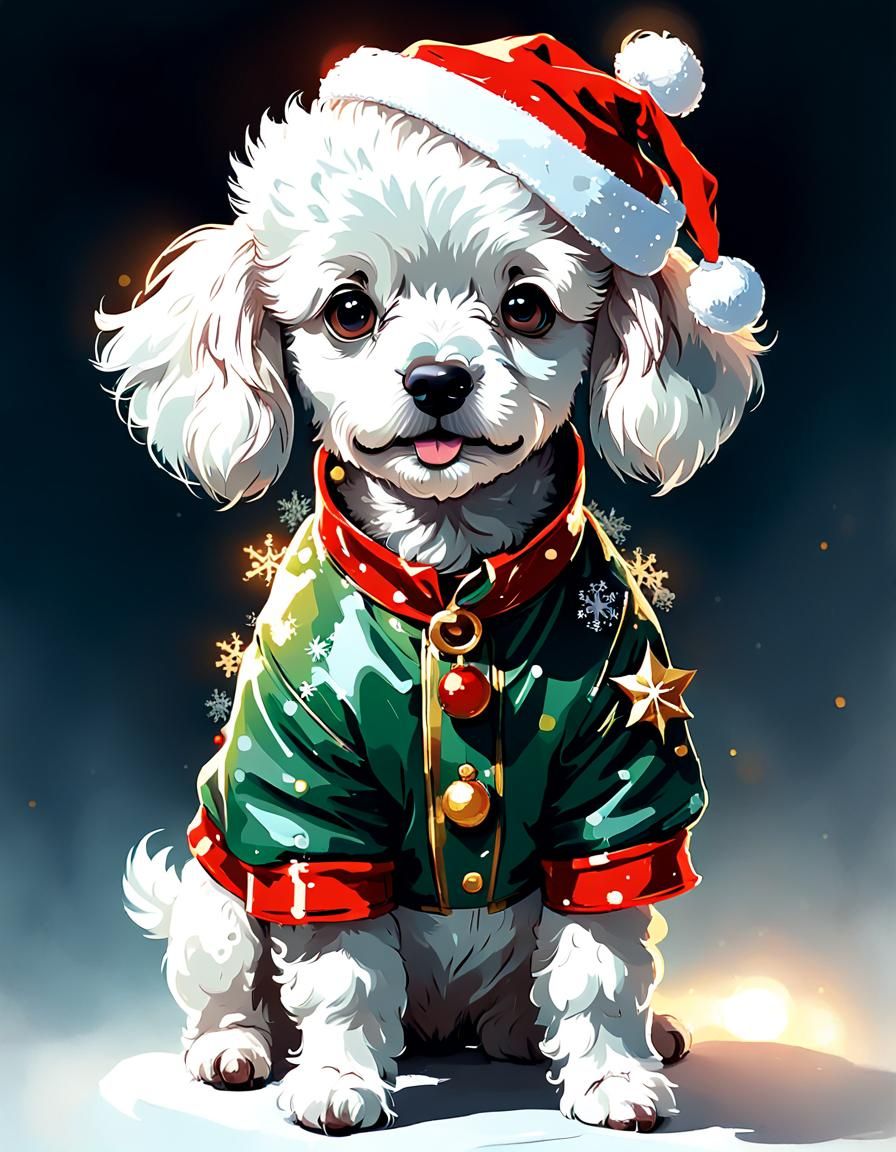 Adorable White Poodle in Christmas Outfit, Digital Painting