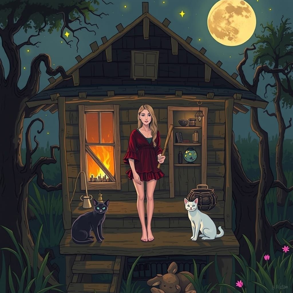 Mystical Moonlit Cabin Scene with Whimsical Woman and Cats