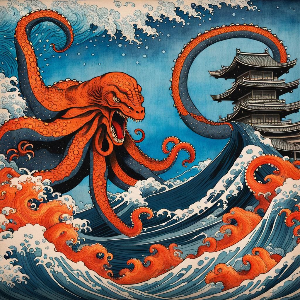 Godzilla vs Octopus: Ukiyo-e Woodblock Print