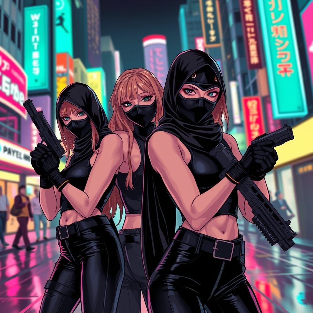 Girls with Guns in Neon City, Cyberpunk Style
