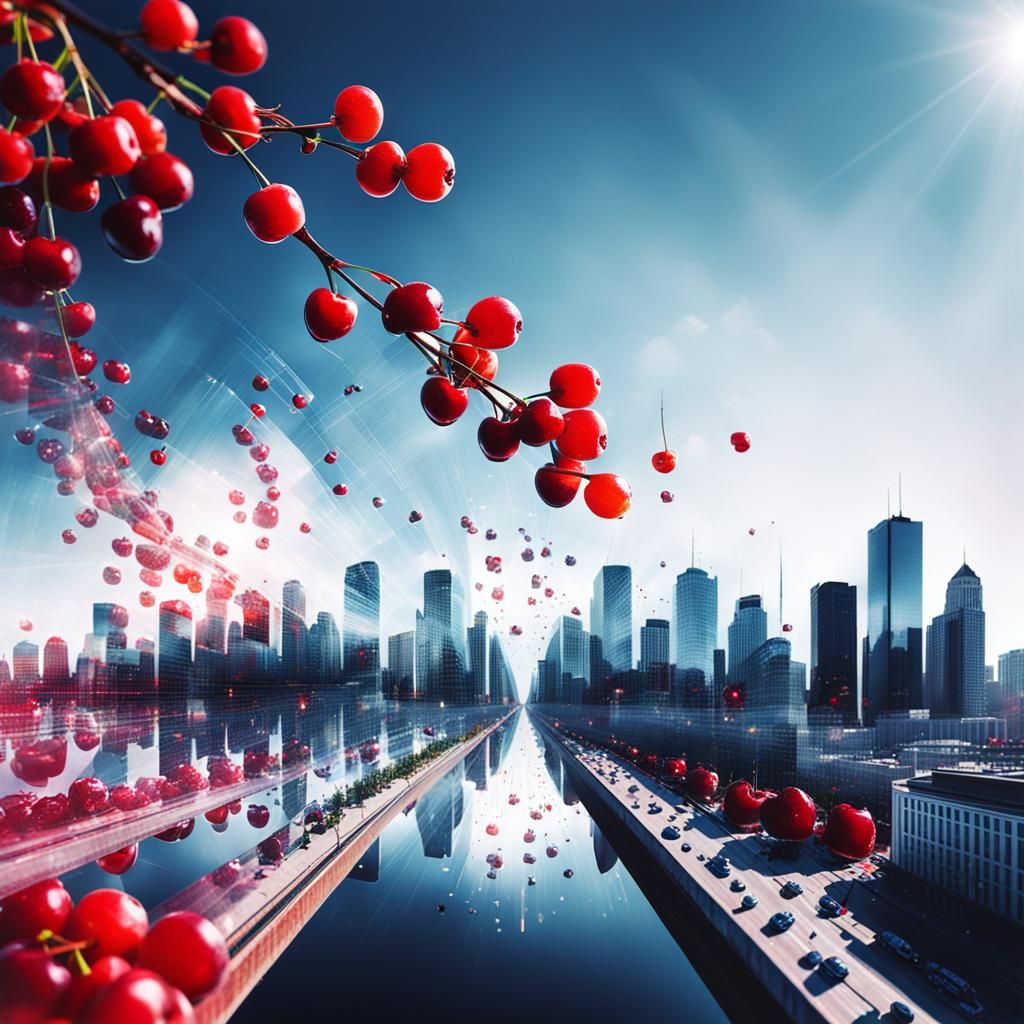 Cityscape in Vibrant Double Exposure Cherry Hues