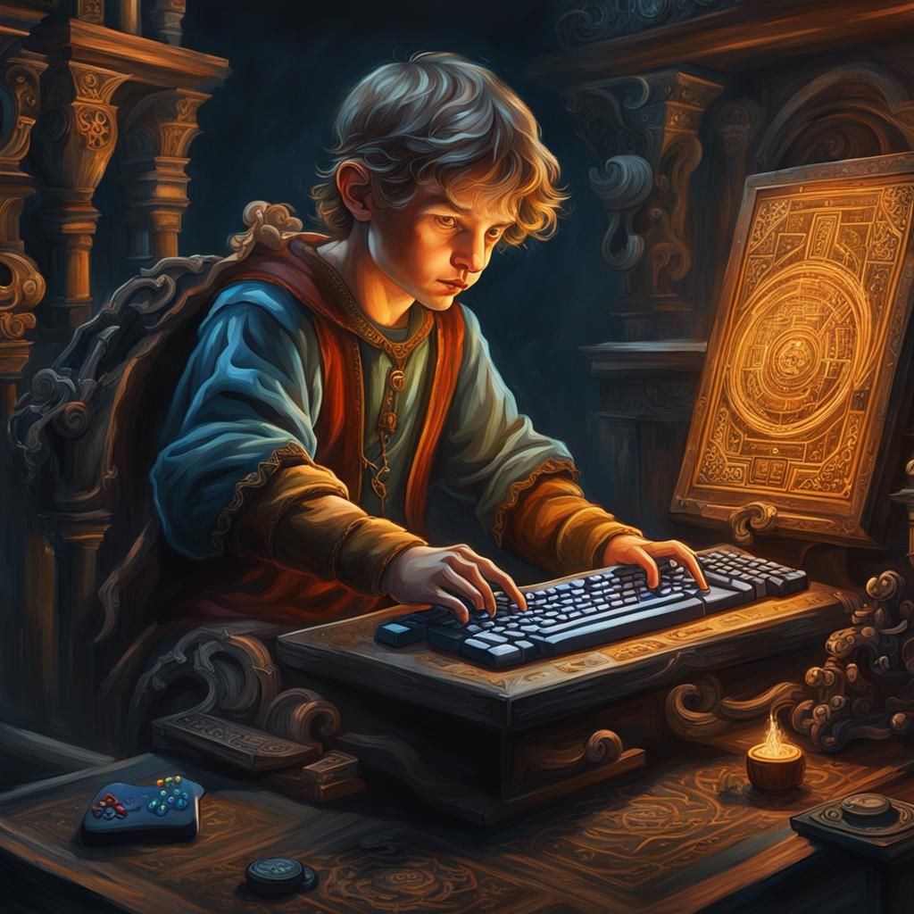 Boy Gaming: Renaissance Style Acrylic Painting