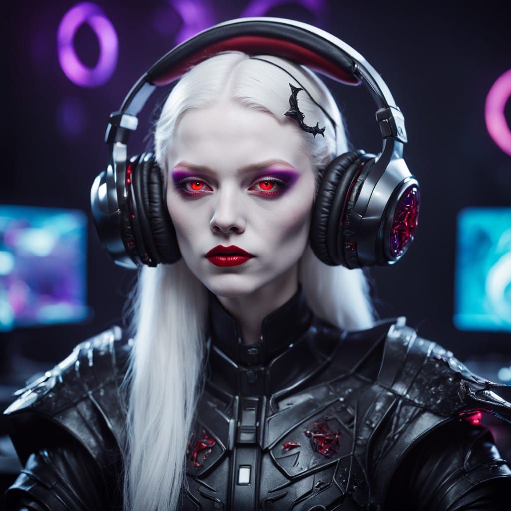 Ethereal Vampire Gamer in Dark Gothic Futuristic Scene
