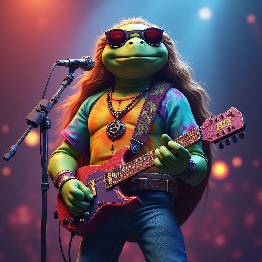 Turtle Rockstar at Woodstock in Psychedelic Art Style