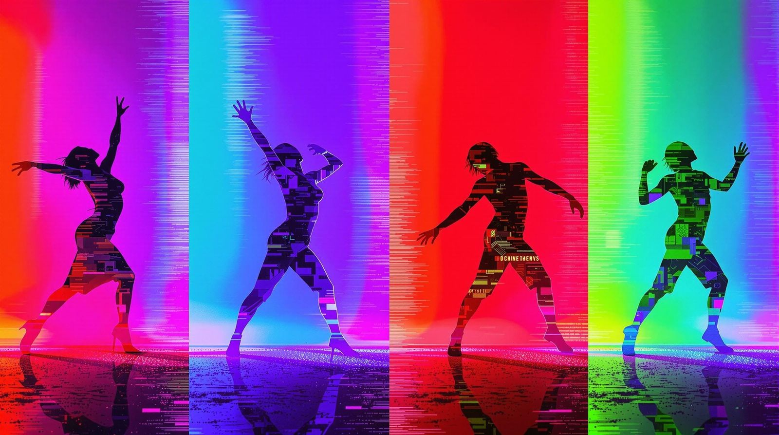 Dynamic Dance Silhouettes in Glitchcore Style