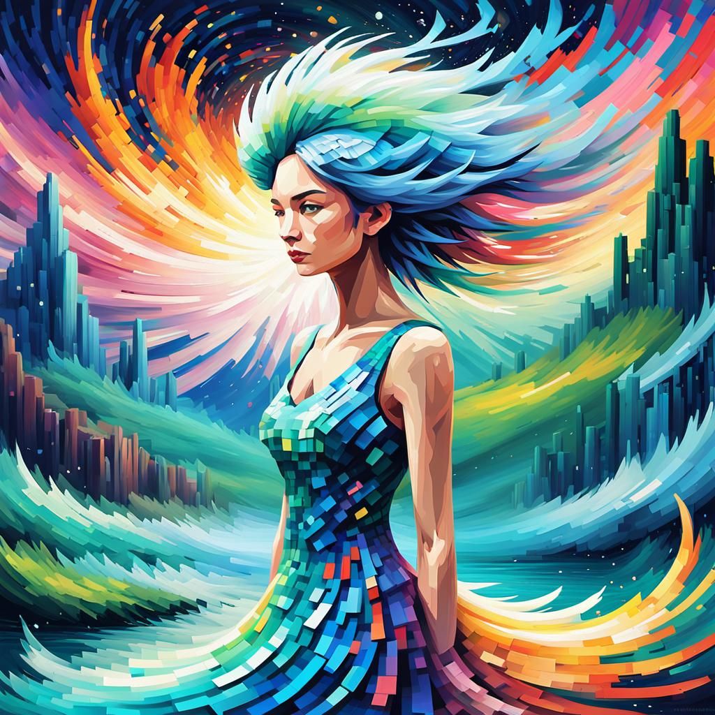 Abstract Pixel Art Woman in Surreal Landscape