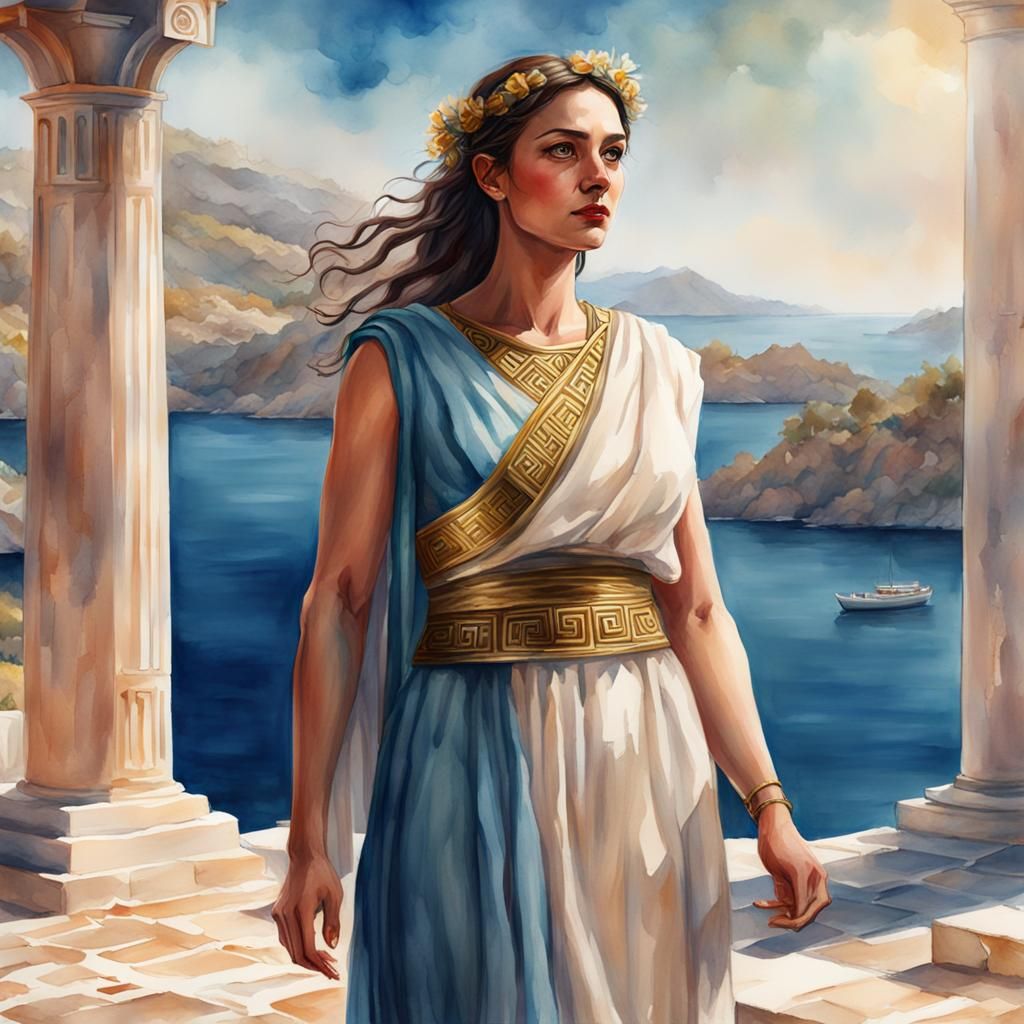 Greek Priestess Portrait in Watercolor Style