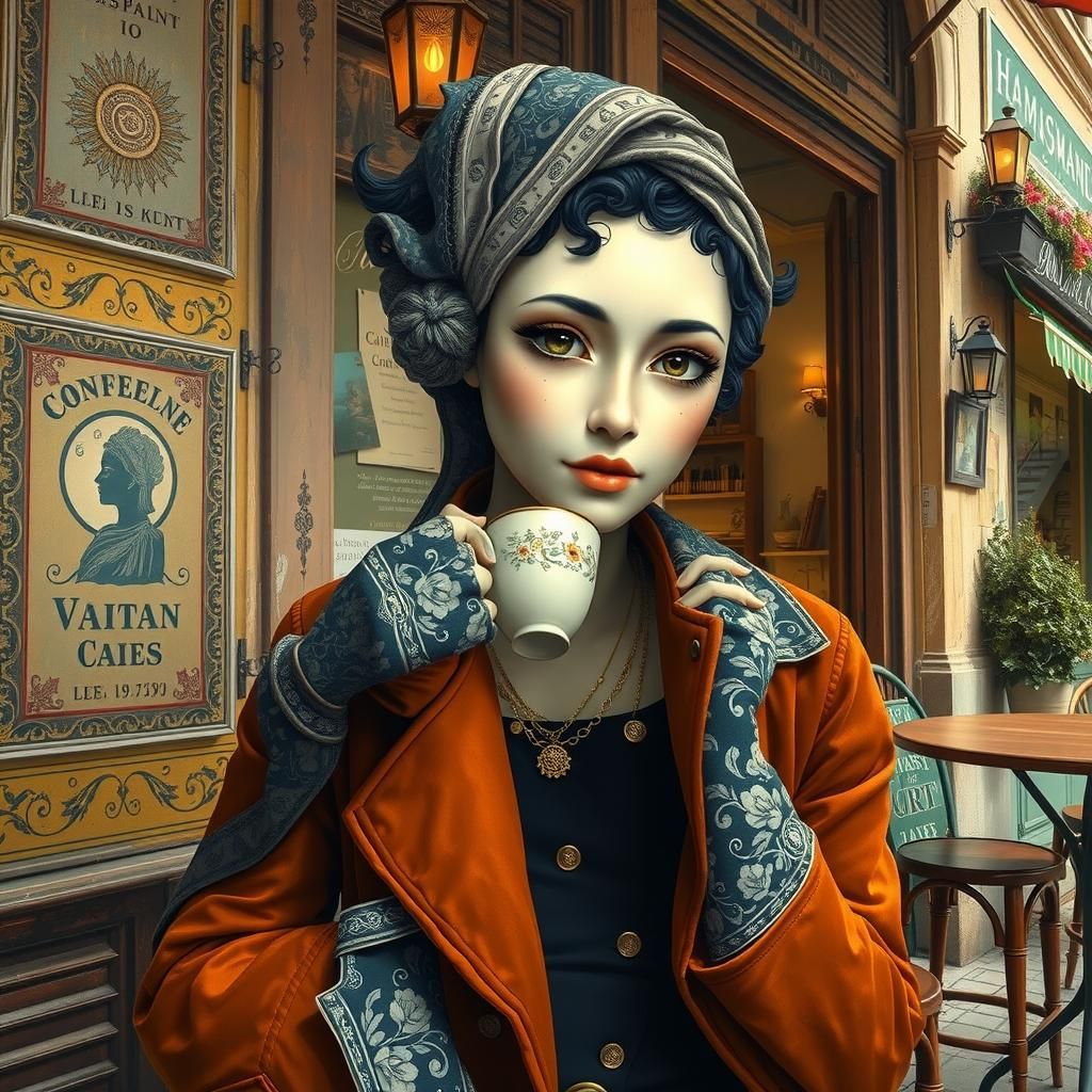 Parisian Moon Sun Face Sipping Coffee: Dreamlike Oil Paintin...