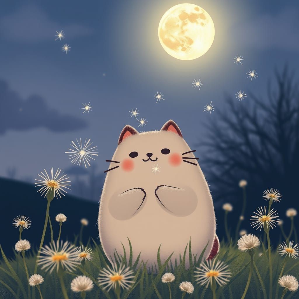 Whimsical Dandelion Scene in Dreamy, Fantastical Style