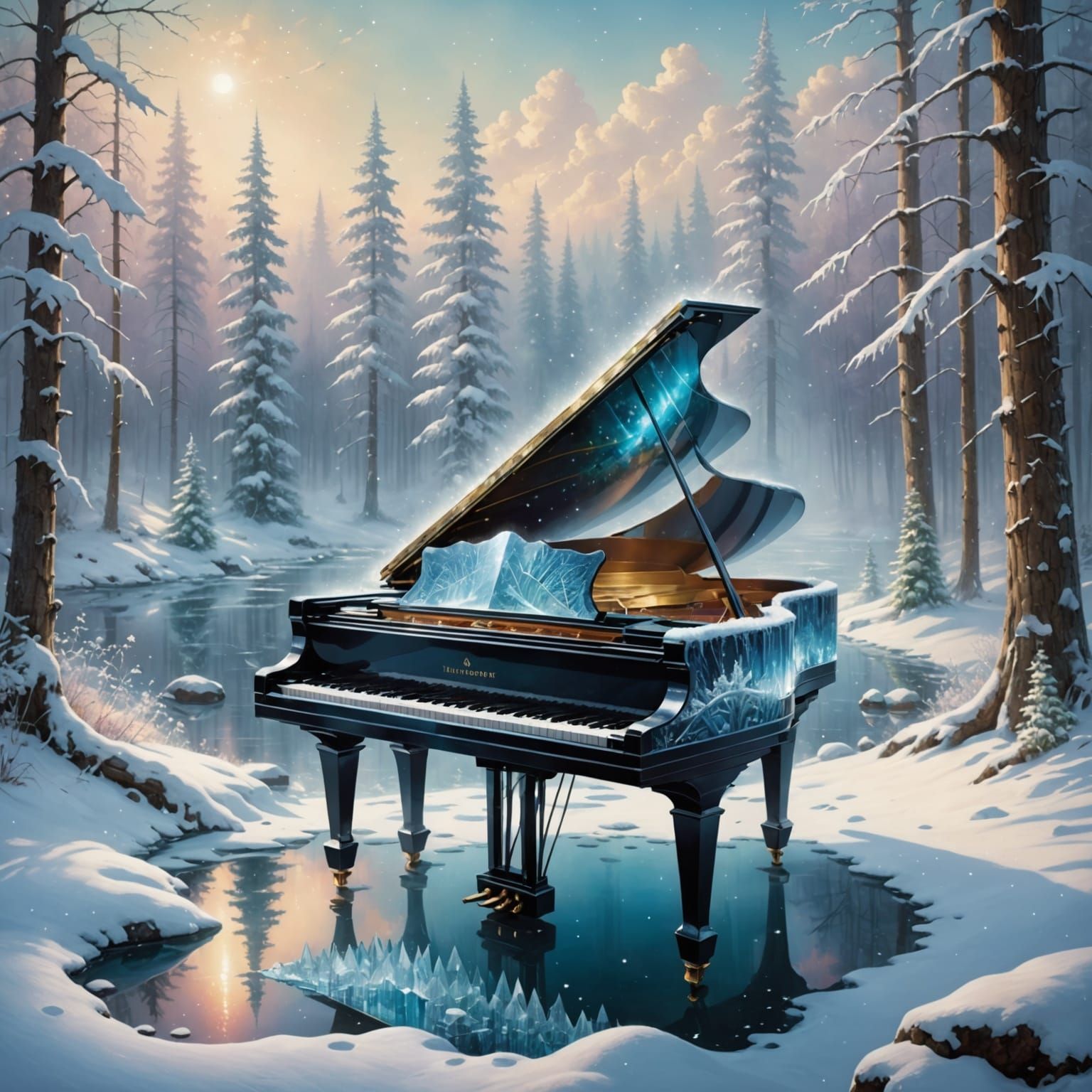 Ethereal Crystal Piano in Winter Forest